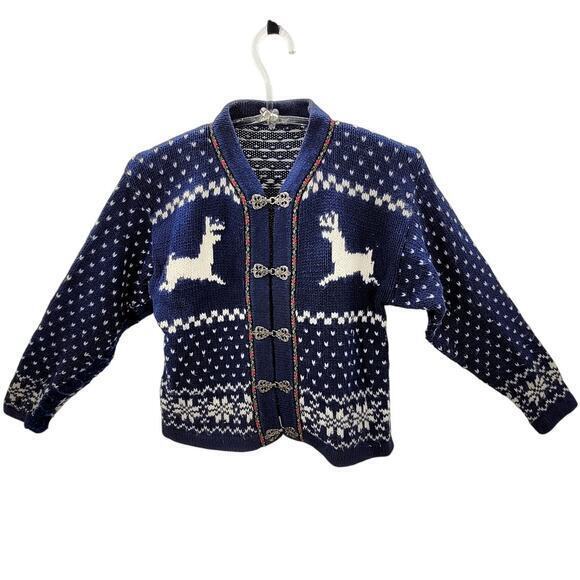 Skyr Vintage Reindeer Nordic Fair Isle Metal Toggle‎ Cardigan Sweater Jacket - Picture 1 of 15